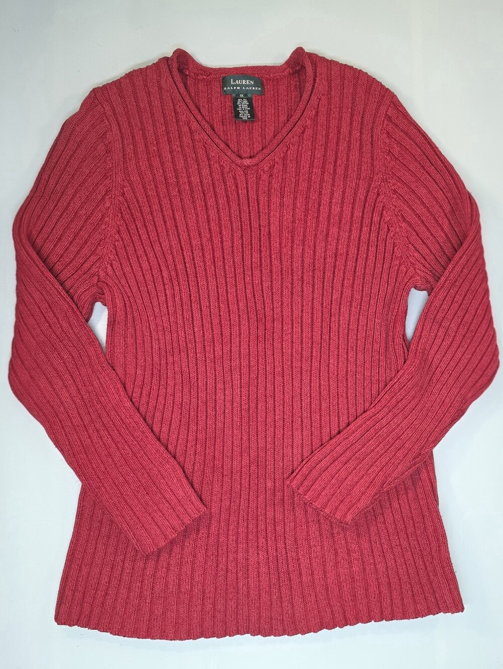 Lauren Ralph Lauren Silk Linen Ribbed V-Neck Sweater 1X Red